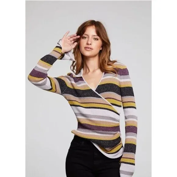 NEW Chaser Striped Flare Sleeve Top Winter Feminine Preppy Gossip Girl Chic - Picture 2 of 12